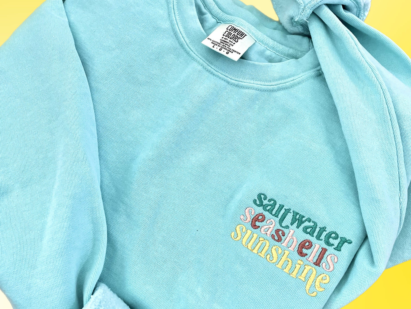 Embroidered Crewneck Sweatshirt: Saltwater, Seashells, Sunshine - Beach Apparel