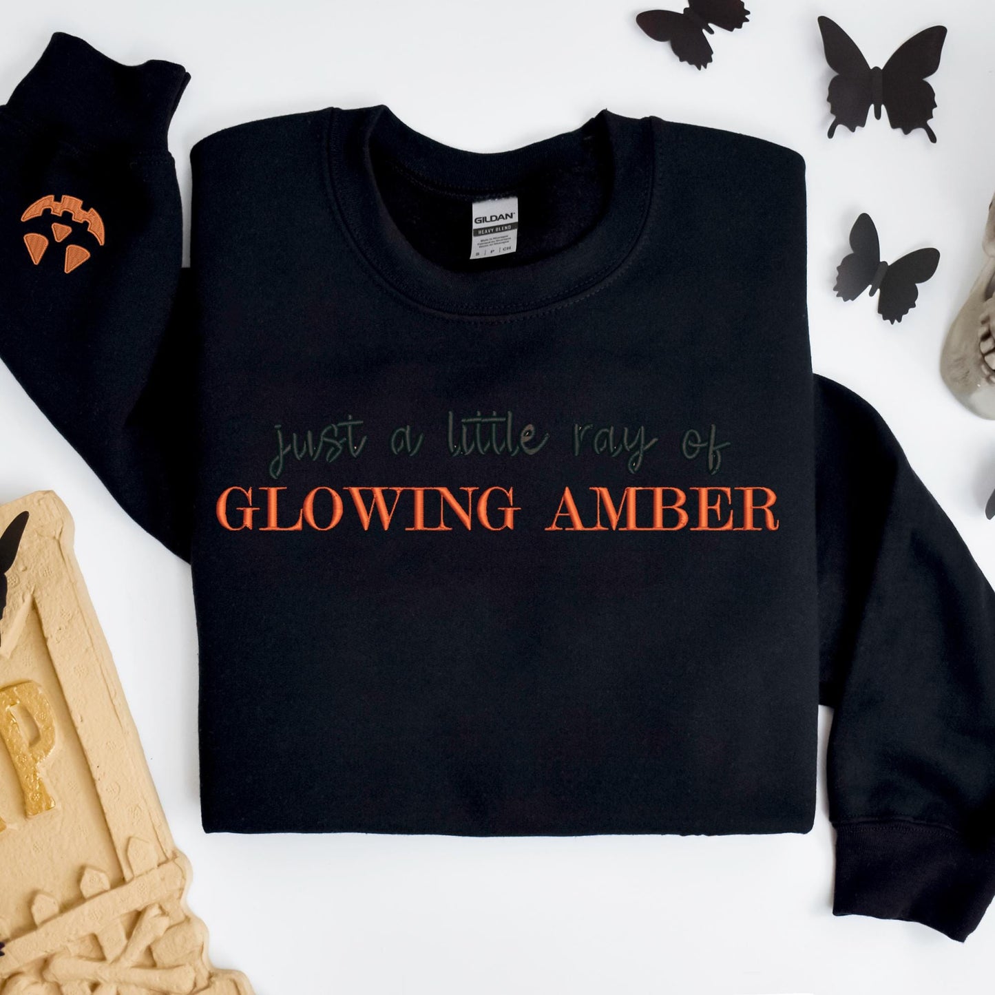Embroidered Little Ray of Glowing Amber Pumpkin Sweatshirt: Spooky Season Pigment-Dyed Pullover