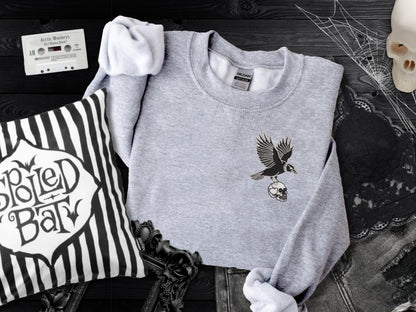 Embroidered Raven Skull Sweatshirt on Gildan: Unisex Gothic Halloween Pullover