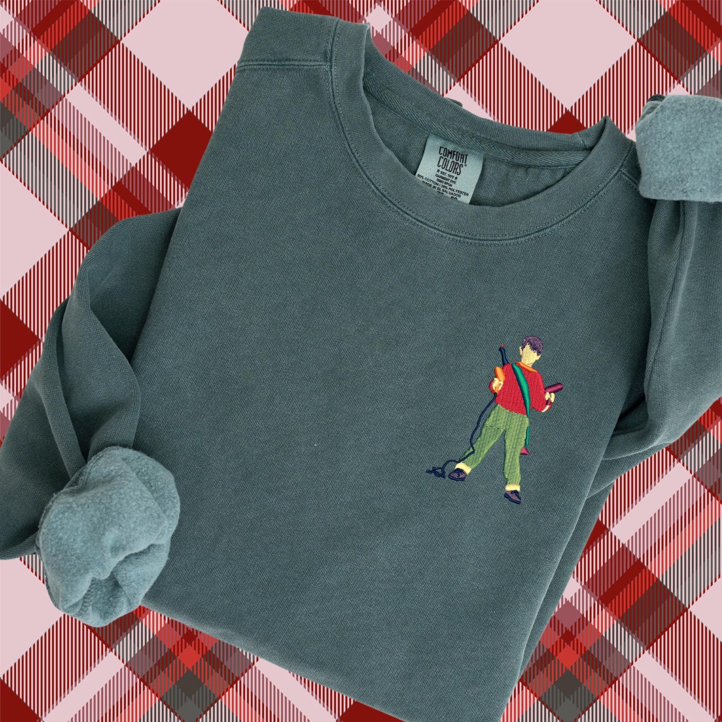 Embroidered Home Alone Movie Pigment Dyed Crewneck Sweatshirt: Minimalist Kevin Christmas Pullover