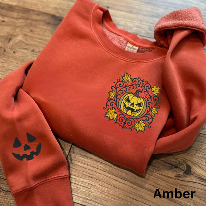 Embroidered Classic Jack O' Lantern Face Spooky Scrollwork Sweatshirt: Pigment Dyed Gothic Halloween Pumpkin Motif Pullover