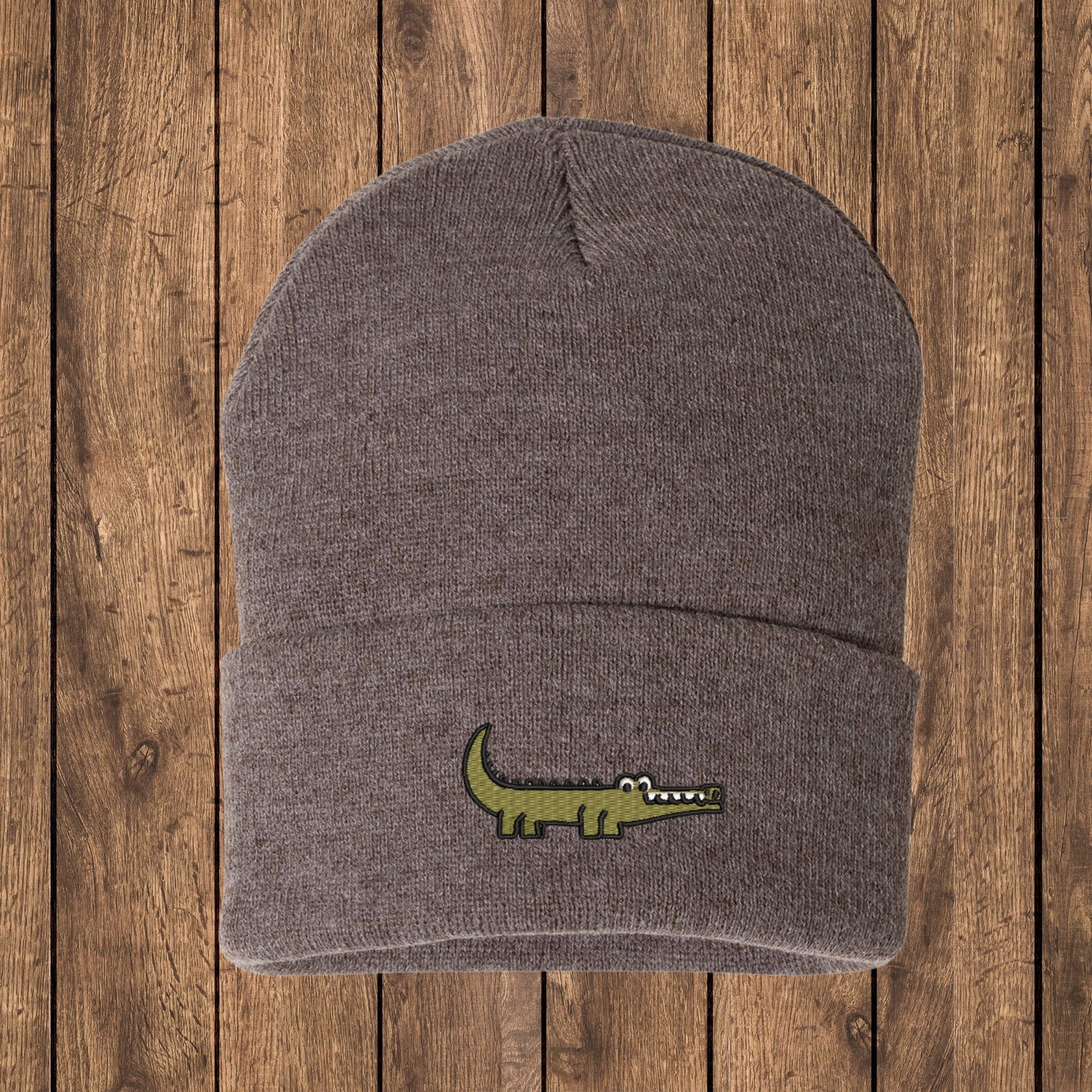 Embroidered Crocodile Beanie: Knit Alligator Winter Hat