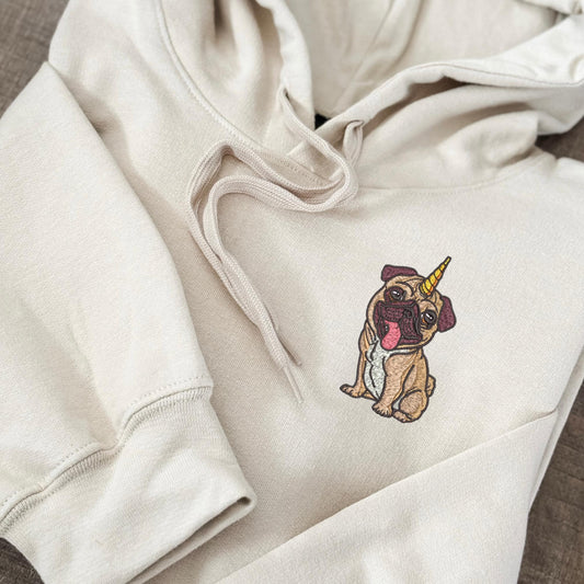 Embroidered Unicorn Pug Crewneck Sweatshirt: Unipug Sweatshirt or Hoodie