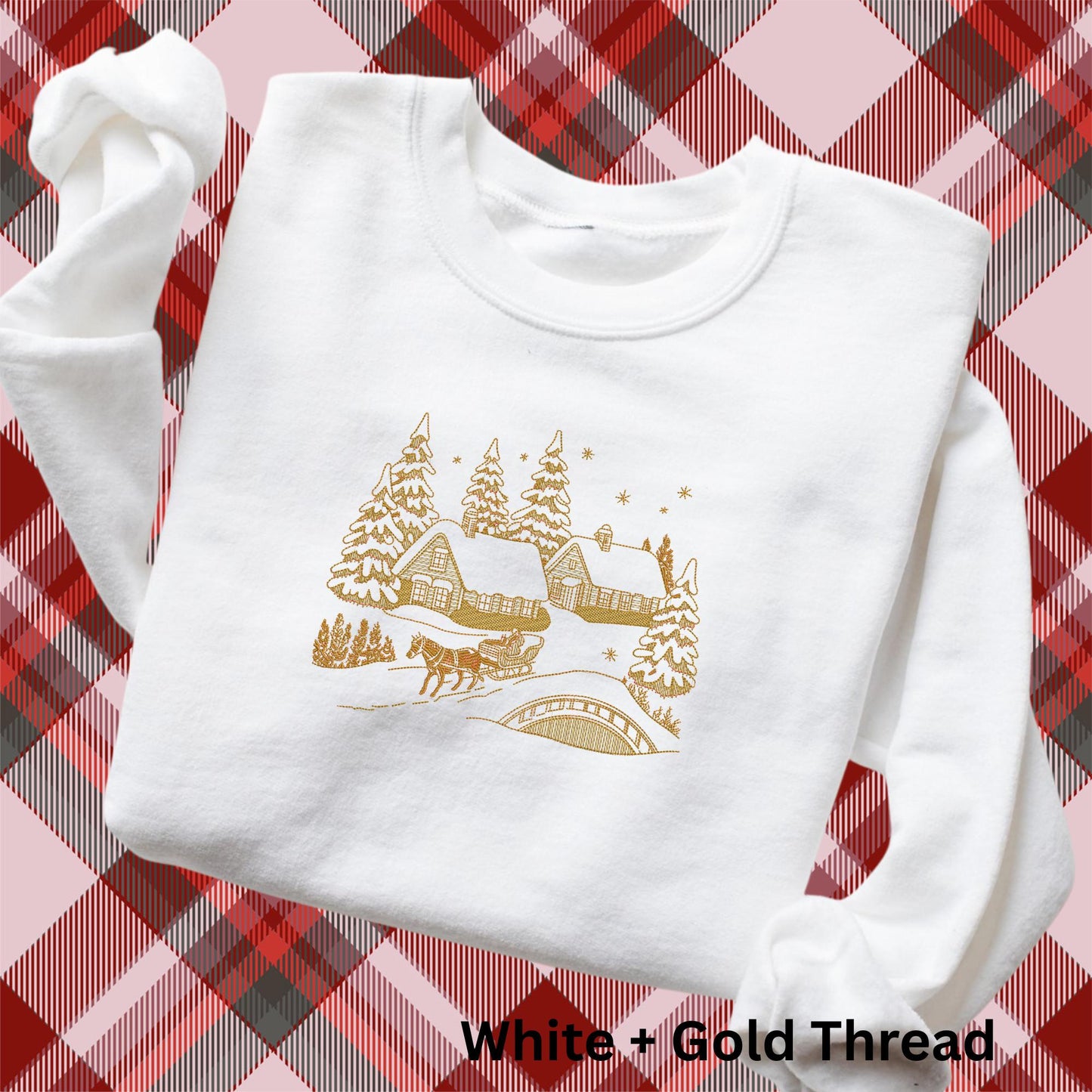 Embroidered Winter Scene Crewneck Sweatshirt: Stitched Christmas Village Pigment-Dyed Pullover