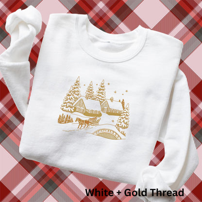 Embroidered Winter Scene Crewneck Sweatshirt: Stitched Christmas Village Pigment-Dyed Pullover