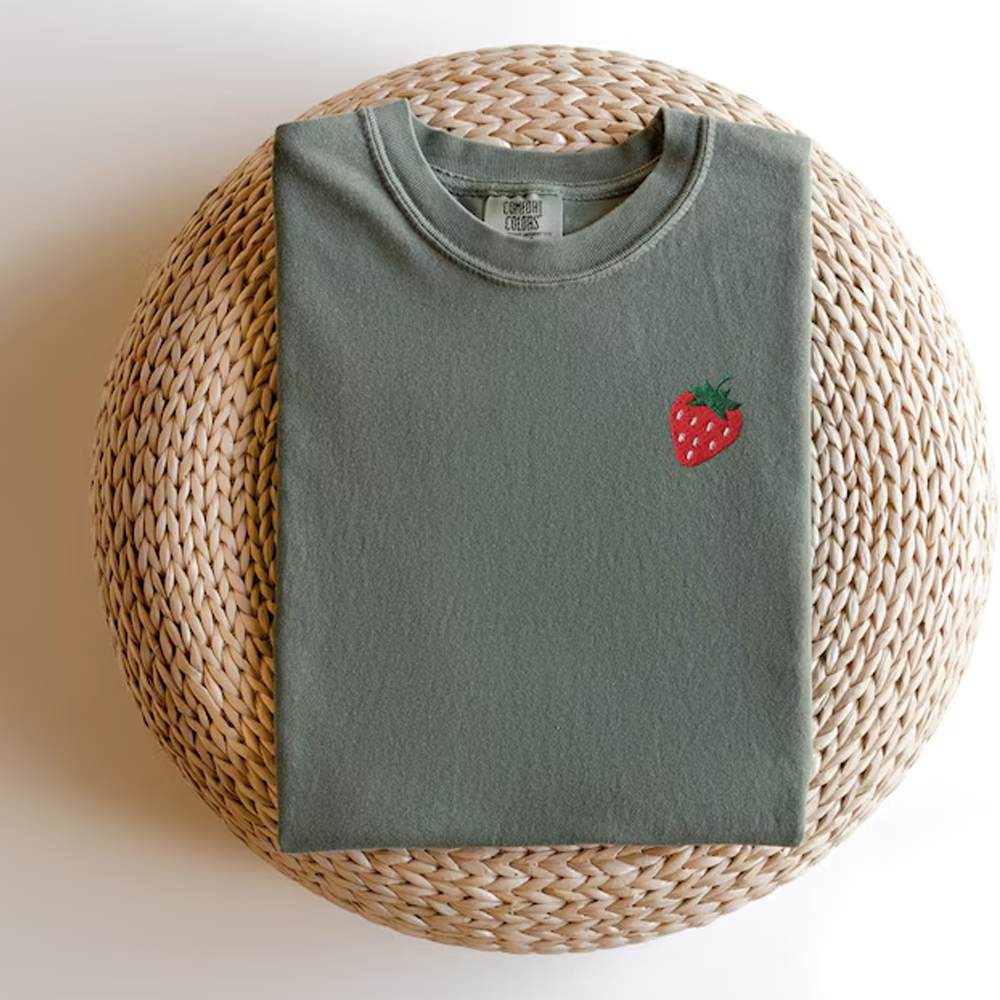 Embroidered Strawberry T-shirt: Garment Dyed Fruit Tee