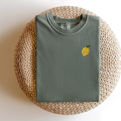 Embroidered Lemon T-shirt: Garment Dyed Fruit Tee