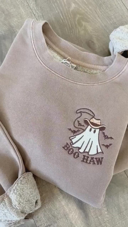 Embroidered Ghost Sweatshirt: Western Boo Haw Crewneck - Halloween Apparel