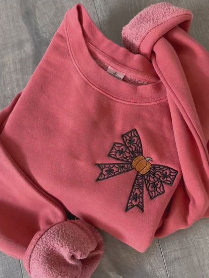 Halloween Coquette Sweatshirt: Embroidered Lacey Spider Bow & Pumpkin - Pigment Dyed