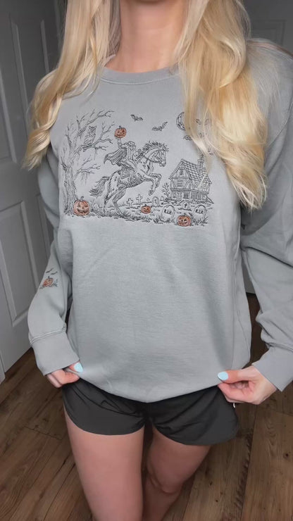 Embroidered Headless Horseman Crewneck Sweatshirt: Pigment Dyed Sleepy Hollow Sketched Line Art Pullover