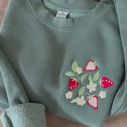 Embroidered Strawberry Field Sweatshirt: Pigment Dyed Crewneck Pullover