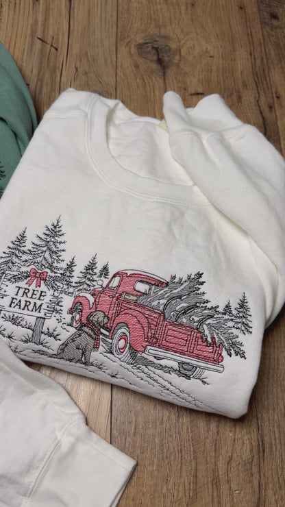 Embroidered Christmas Tree Farm Line Art Crewneck Sweatshirt: Pigment Dyed Comfort Colors