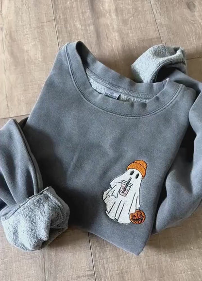 Embroidered Coffee Drinking Ghost Sweatshirt: Pigment-Dyed Halloween Pullover