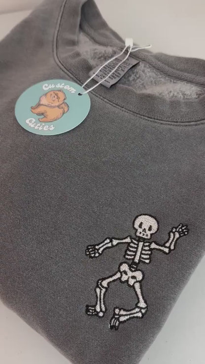 Embroidered Dancing Skeleton Sweatshirt: Pigment Dyed Halloween Pullover