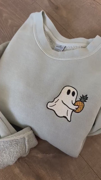 Embroidered Ghost Carrying Pineapple Pigment Dyed Crewneck Sweatshirt