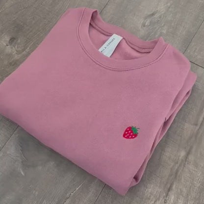Embroidered Mini Strawberry Crewneck Sponge Fleece Sweatshirt: Minimalist Fruit Pullover