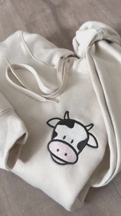 Embroidered Cow Hoodie: Farm Animal Pullover with Optional Hoof Prints