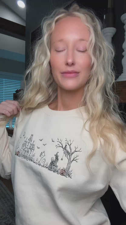 Embroidered Haunted Manor Halloween Crewneck Sweatshirt: Pigment Dyed Sketched Line Art Pullover