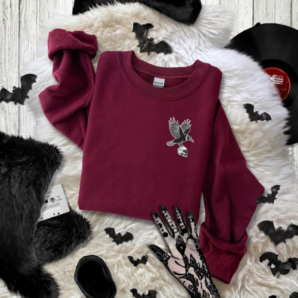 Embroidered Raven Skull Sweatshirt on Gildan: Unisex Gothic Halloween Pullover
